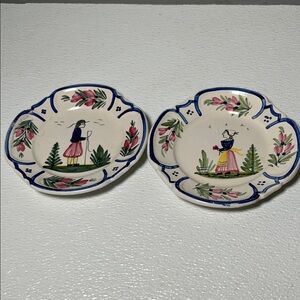 Vtg Henriot Quimper Hand Painted 9.5" Breton Man and Woman Plates France